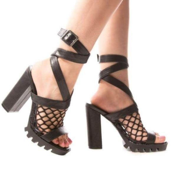 Metallic Lug Sole Ankle Wrap Heels - Picture 5 of 5